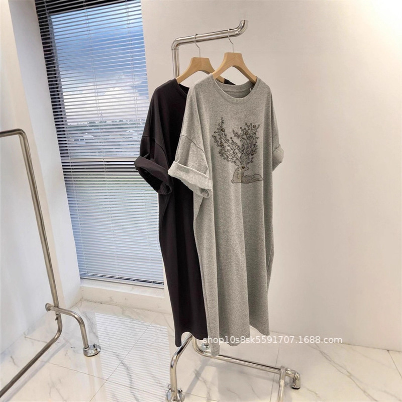 Casual T-Shirt Dress for Women, Mid-Length, Loose Fit, Korean Style, Plus Size Women's Clothing, Slimming Gray Dress for Plus-Size Women, Summer Wear