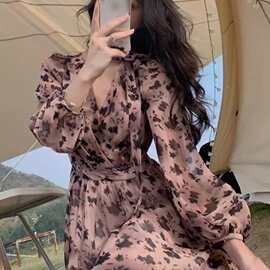 大码法式高级感长袖连衣裙女春季收腰显瘦碎花长裙微胖气质裙子