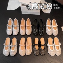 法式网面透气水钻玛丽珍单鞋夏季新款外穿软底浅口内增高芭蕾舞鞋