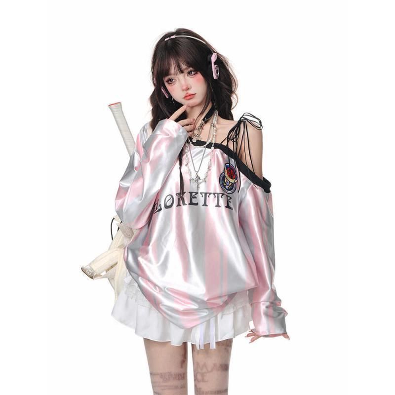 2026 American-Style Summer Women's Jersey Retro One-Shoulder Sweatshirt Off-Shoulder New Hot Girl Sports Top T-Shirt 2026 American-Style Summer Women's Jersey Retro One-Shoulder Sweatshirt Off-Shoulder New Hot Girl Sports Top T-Shirt