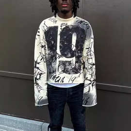 跨境数字19街头毛圈棉嘻哈哥特式宽松y2k圆领长袖破旧风服装