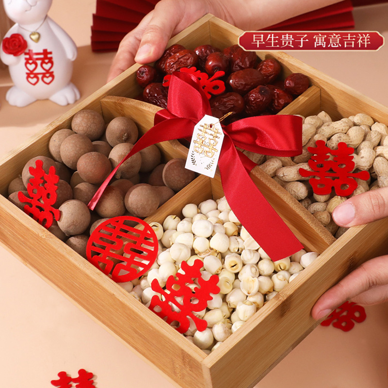 Portable Chinese-style wooden dry fruit box, high-quality bamboo wood wedding decoration New Year's goods nut storage box, four-grid
