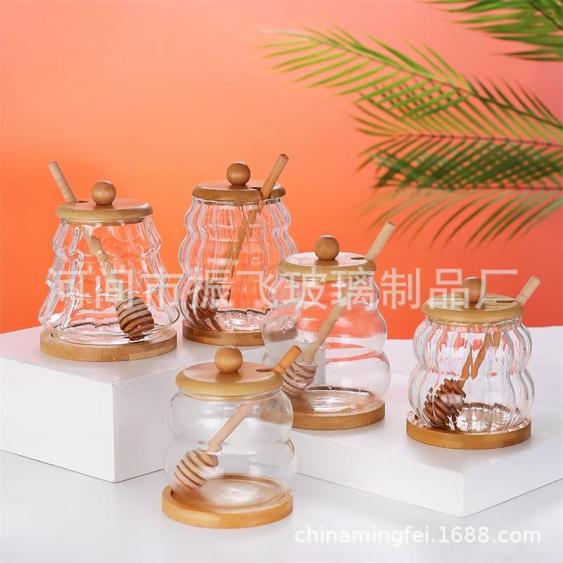 Glass Honey Jar High Borosilicate Transparent Honey Bottle with Stirring Stick Storage Jar Jam Bottle with Lid Storage Jar Cross-Border