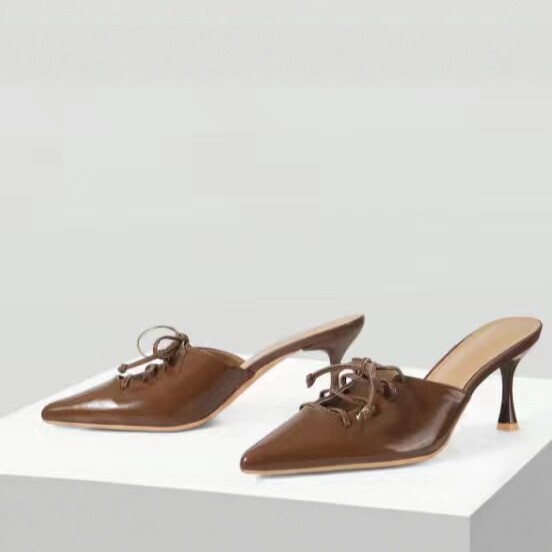2026 New Model Brown Pointed-Toe Mules for Women, Thin-Heeled Lace-Up High Heels, Fashionable Versatile Elegant Closed-Toe Slip-Ons
