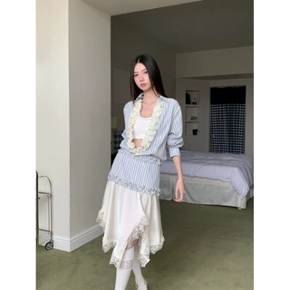 实拍现货法式条纹蓝色衬衫上衣女吊带拼色半裙