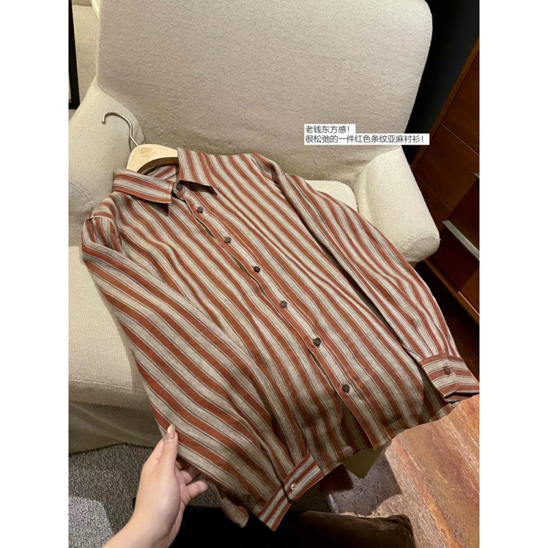 Highly recommended: Old Money style retro striped collared shirt for women, 2026 autumn and winter new model, comfortable and lightweight women's shirt