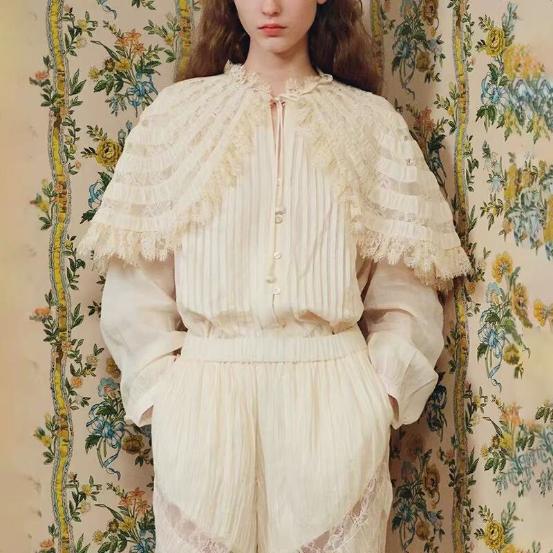 French-style niche 2026 autumn/winter new sweet ruched stand-up collar lace-up multi-layer shawl long-sleeve shirt top French-style niche 2026 autumn/winter new sweet ruched stand-up collar lace-up multi-layer shawl long-sleeve shirt top