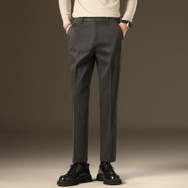 轻奢冬季毛呢长裤男士休闲裤男修身直筒西裤英伦弹力休闲裤九分