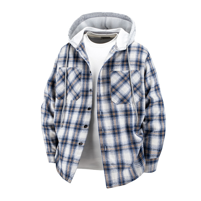 Cross-border Foreign Trade Men's Long-sleeved Plaid Hooded Shirt American Retro Trendy Brand Loose Casual plus size Shirt Jacket