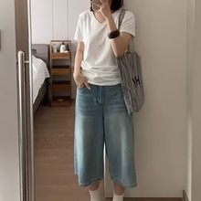 小个子美式复古七分裤女夏季薄款大码胖mm宽松阔腿显瘦休闲牛仔裤