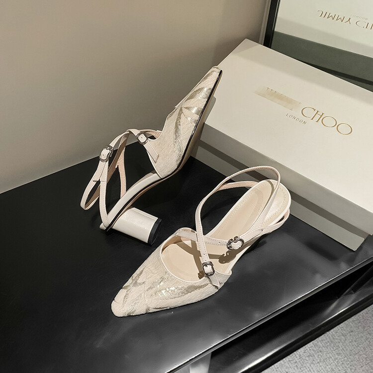 Sandal cao gót mũi nhọn phong cách Trung Hoa mới, chất sa tanh, quai chéo rỗng, gót thô 9 cm — Màu trắng be, Màu Kaki chi tiết 31