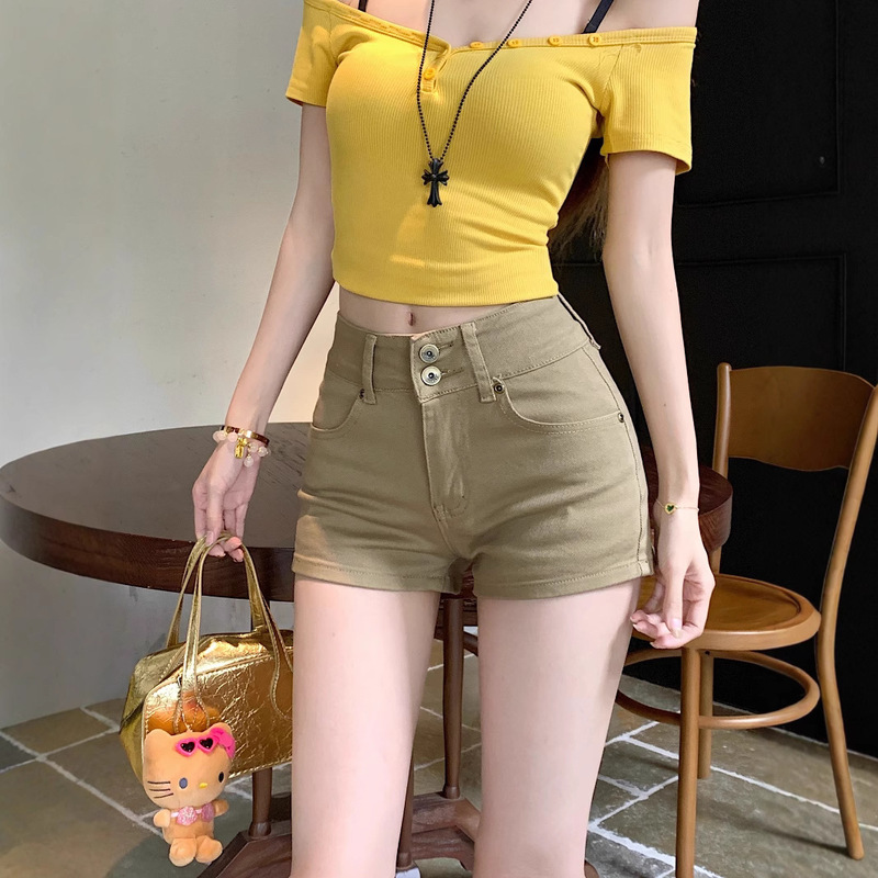 Khaki Denim Shorts for Women, Summer Two-Button Straight Pants, Fashionable High-Waisted Hip-Hugging Pants, Slimming A-Line Hot Pants