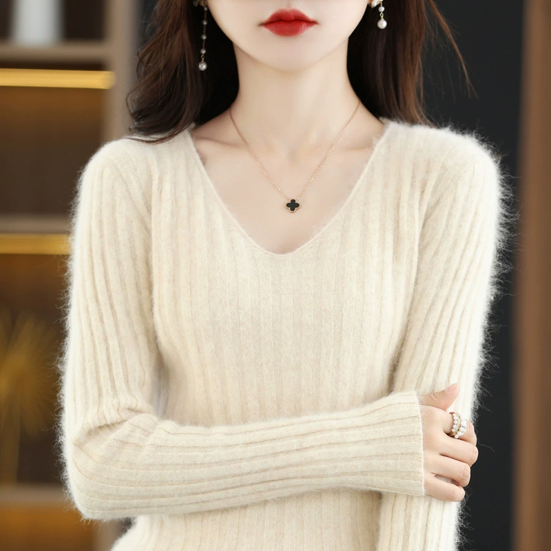 Осенне-зимний свитер из норки с V-образным вырезом, Женская приталенная внутренняя трикотажная Базовая рубашка в Корейском стиле