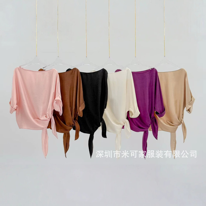 Sand-Washed Cupro Silk Tie-Front Short-Sleeve Top for Women, Summer 2026 New Style, Lazy Style, Loose Casual, Slimming, Versatile Shirt