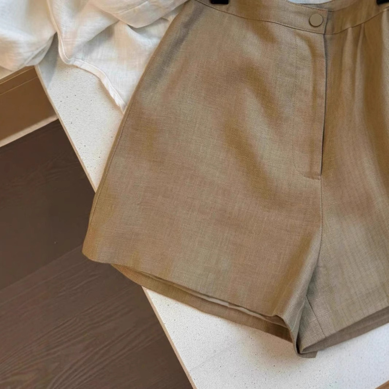 オールドマネースタイル〜女性用ハイカウント高密度カーキリネンショートパンツ、夏用高級薄手コットンとリネンのアウターウェア、スリムフィット|undefined