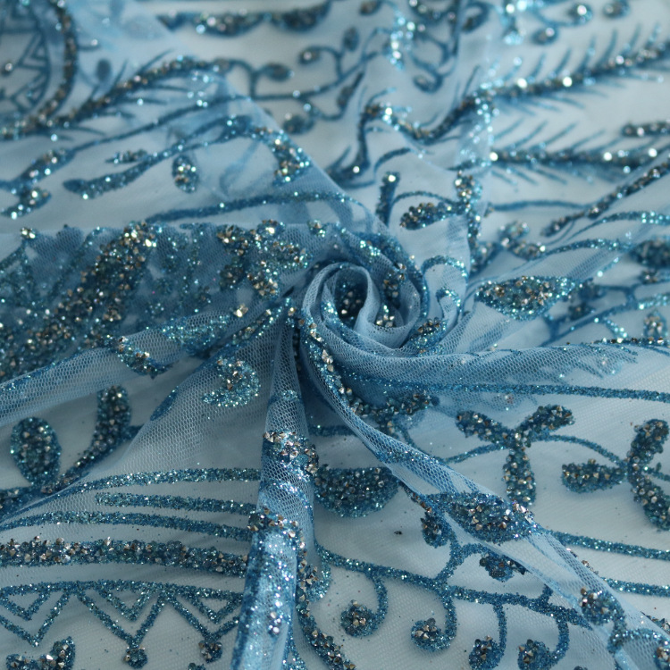 2024 nuevo gaza de malla primavera y verano punto gaza de malla encaje rociado oro diamante vestido de boda tela