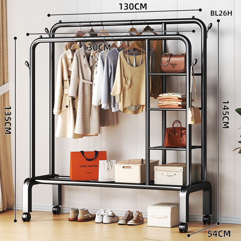 바퀴 달린 130cm 블랙 [양방향 행거 * 측면 수납망 + 단층 선반 [옷걸이 4개]