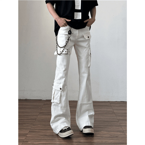 White-vibe strap-workwear denim jeans for men—American-style high-street 