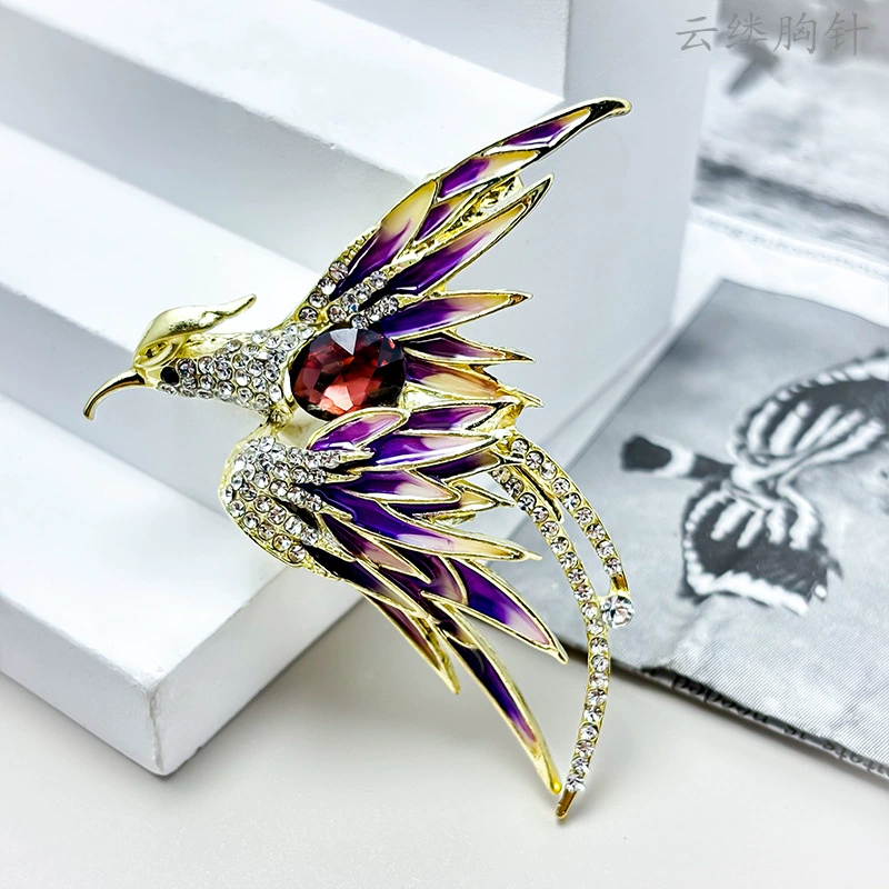 Phoenix metal brooch pin, enamel accents, gold-tone alloy, 5.76×4.48 cm, multicolor options