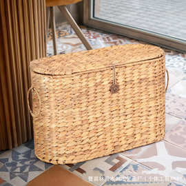 跨境水葫芦草编收纳篮带盖大容量脏衣篮卫生间卷纸收纳筐垃圾桶