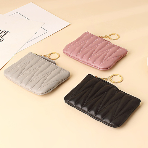 Fashionable sheepskin short small wallet ultra-thin plaid coin key storage coin bag zipper coin purse women's genuine leather