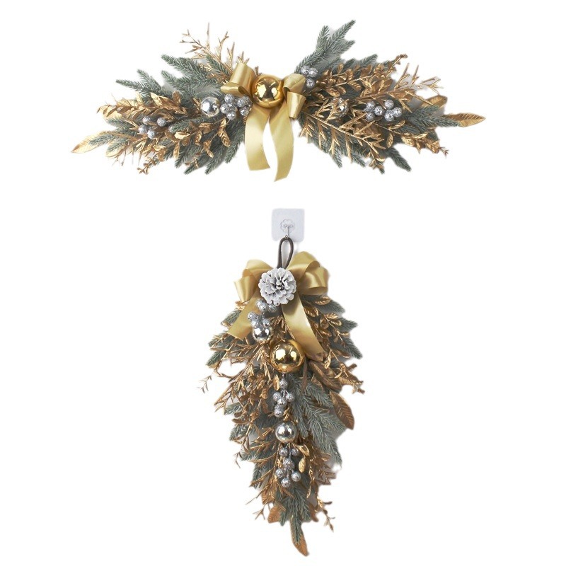 Hot selling gouden kerstkrans, rotan deurhanger, halve boom dennenappel decoratie, wandhanger_voghion.com