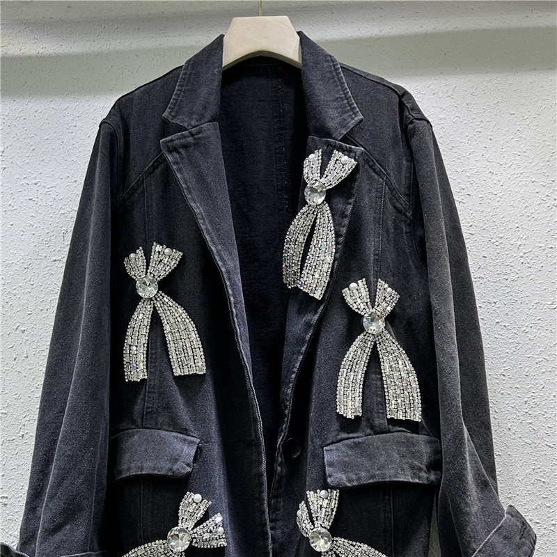 Saco Blazer de Mezclilla Holgado con Pedrería y Mariposa para Otoño