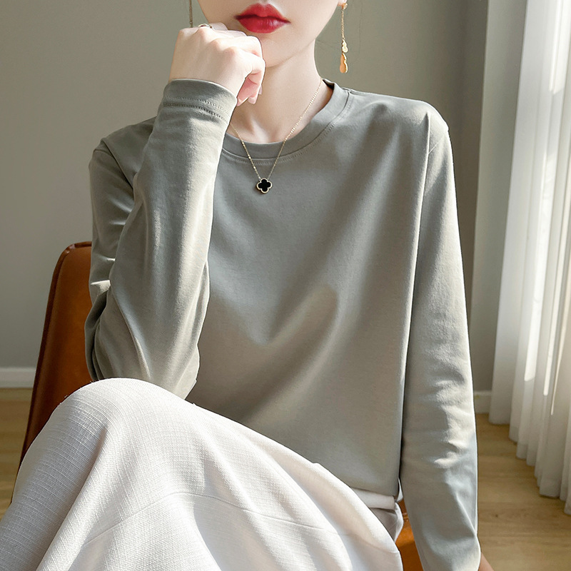 Elegant Spring and Summer Mercerized Cotton Long-Sleeve T-Shirt for Women, Round Neck Pullover, Pure Cotton Base Shirt, Loose Casual Versatile Top