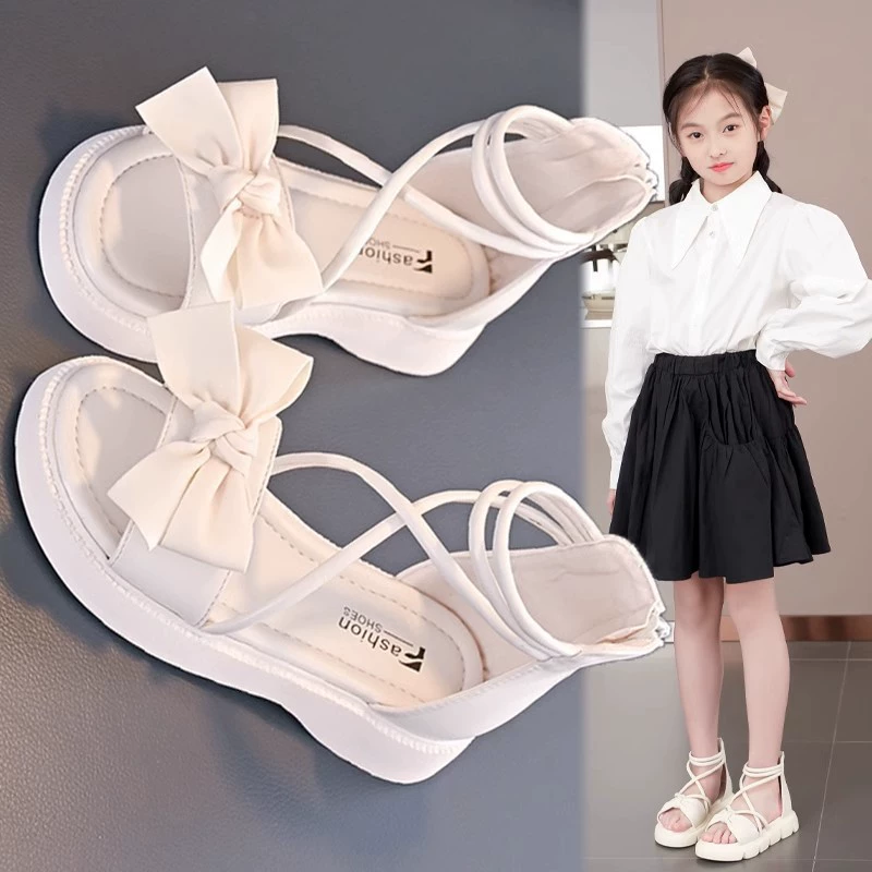 Детские сандалии для девочек, туфли принцессы, лето 2025, новые, с бантом, средние и большие размеры, модные, мягкая подошва, римские сандалии, высокие