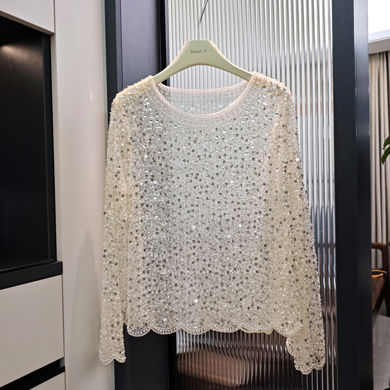 French-Style Minimalist Socialite New Model Heavy Sequin Beading Pearl Lace Shirt for Women, Long-Sleeve Round-Neck Slim-Fit Party Top French-Style Minimalist Socialite New Model Heavy Sequin Beading Pearl Lace Shirt for Women, Long-Sleeve Round-Neck Slim-Fit Party Top