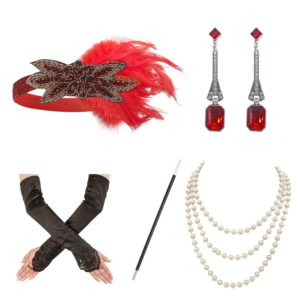 1920 Flapper vestido de niña disfraz de Halloween guantes de cigarrillos collar de varilla venda tira de lana conjunto de cinco piezas
