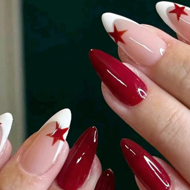Cross-Border New White French Edge Red Star Pure Color Long Almond-Shaped Nail Art Print 24 Pieces Factory Direct Hair Cross-Border New White French Edge Red Star Pure Color Long Almond-Shaped Nail Art Print 24 Pieces Factory Direct Hair