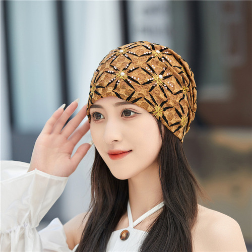 Four Seasons Embroidered Diamond-Hole Women's Breathable Soft Beanie Scarf Hat, Covering White Hair Air Conditioner Hat Thread Hat Mother Hat