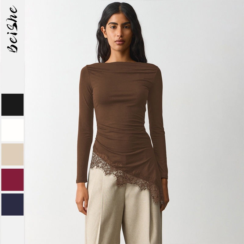 Cross-border bestseller long-sleeve lace trim patchwork t-shirt, sexy hot girl style slim-fit base shirt, women's knitted top Cross-border bestseller long-sleeve lace trim patchwork t-shirt, sexy hot girl style slim-fit base shirt, women's knitted top