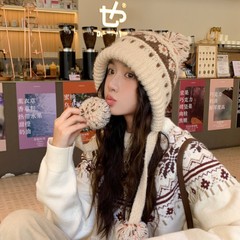 秋冬季民族风绒球针织毛线帽子女显脸小护耳保暖防寒包头保暖帽子