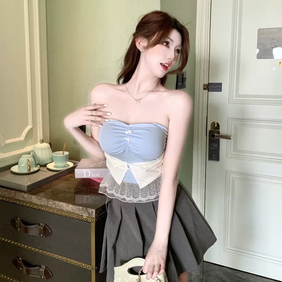 2920 ¿ nuevo estilo de verano dulce y picante encaje dobladillo empalmado y sujetador para mujeres delgadas con sujetador Top image 4