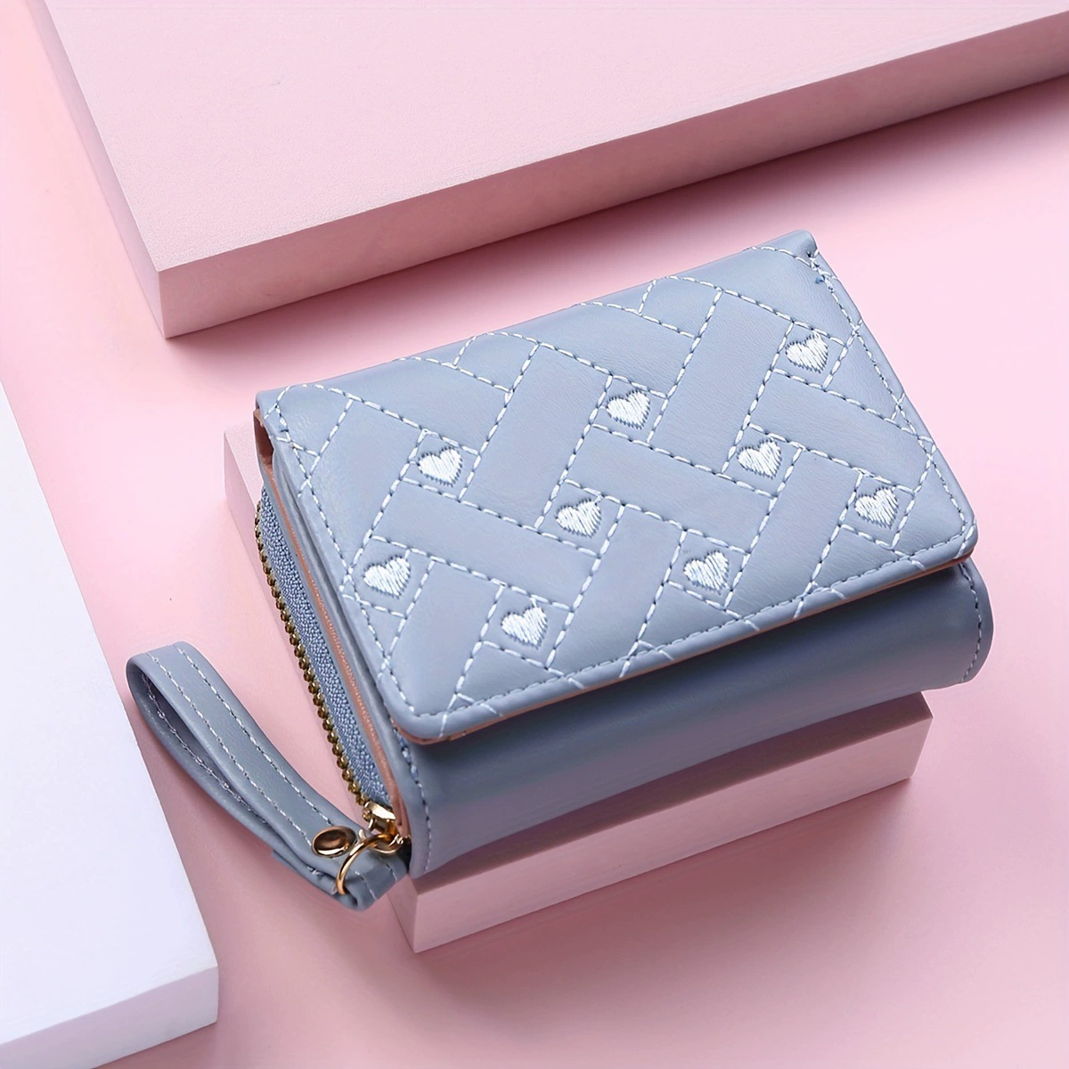 Women's Trifold Wallet, Embroidered Love Pattern, Compact Wristlet, Multi-Card 13.3×9.2×5.8 cm