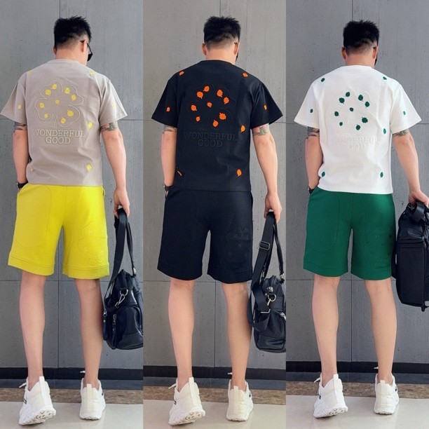 Summer Dopamine Four-Leaf Clover Crew Neck Embroidered Casual Versatile Unisex Couple Stylish Shorts and Short-Sleeve Two-Piece Set