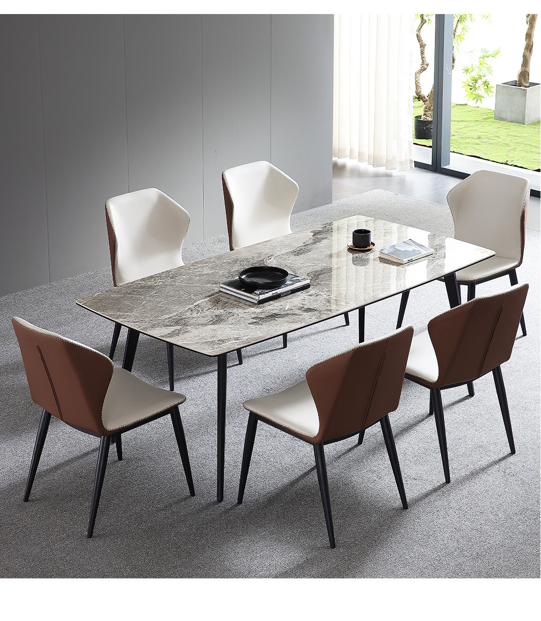 亮光面复合岩板餐桌家用小户型长方形桌子现代简约灰色餐桌椅组合