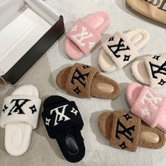 Fashionable 2024 New Letter Lamb Wool Cotton Slippers for Women Autumn and Winter Outdoor and Home Use Korean Style Versatile Thick Sole Slippers