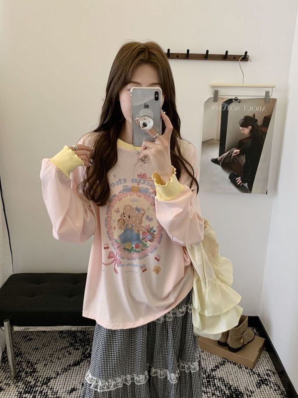 韩系亮片小熊插肩袖薄款显瘦长袖t恤女夏季百搭宽松罩衫上衣516|undefined