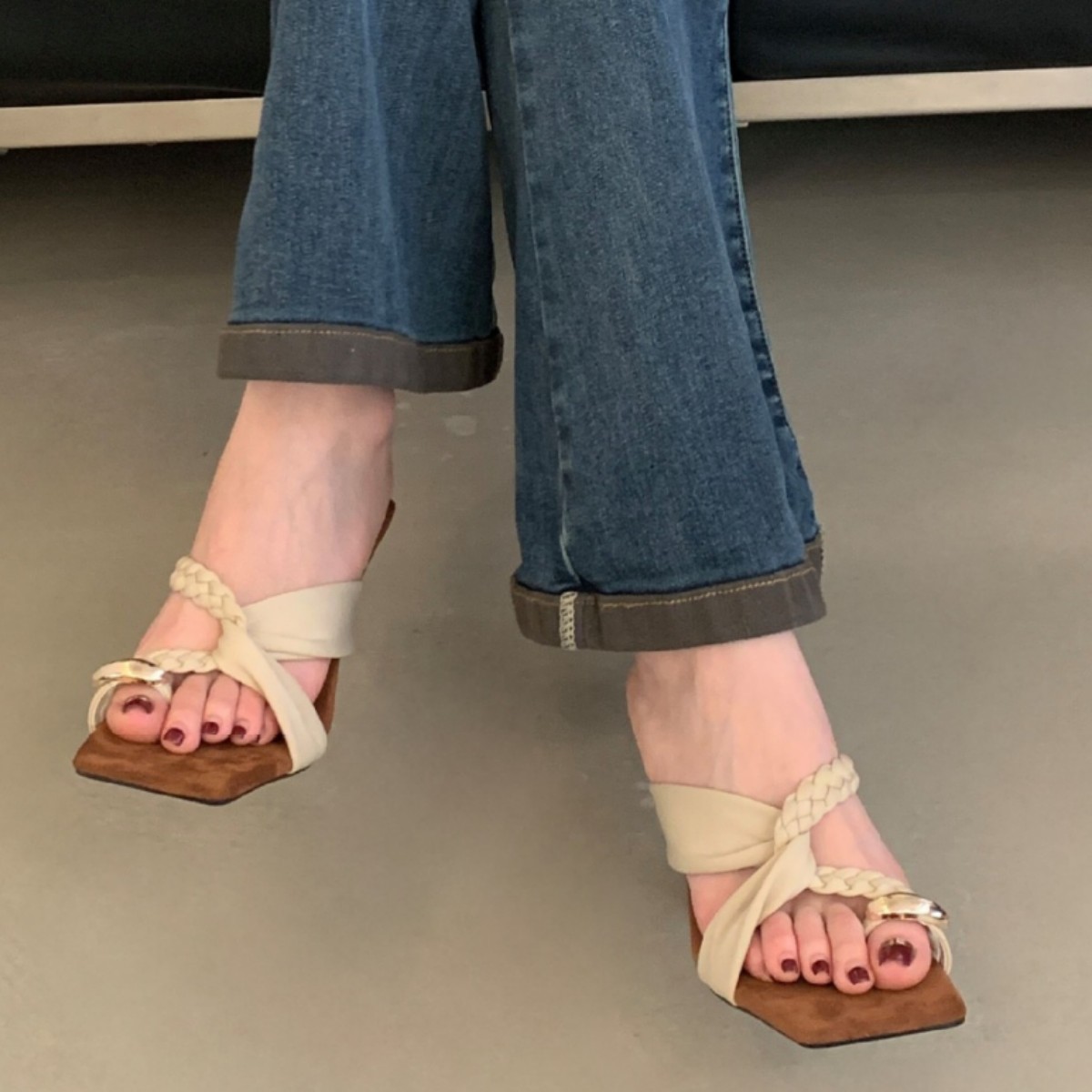 Women's Square Toe Stiletto Mules With Woven Rope Straps_voghion.com