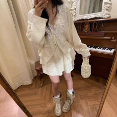 2025甜美蕾丝勾花拼接蝴蝶结系带针织开衫外套防走光短裙两件套