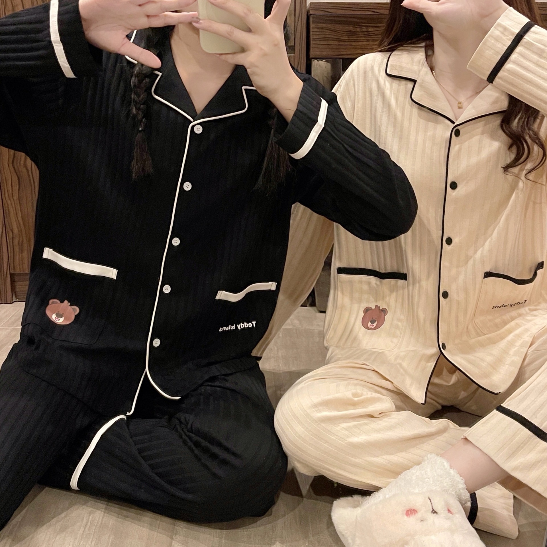 여성용 신작 봄, 가을 긴팔 핏 잠옷, 가디건 라펠, 포켓 베어, 캐주얼 웨어러블 가정복 정장