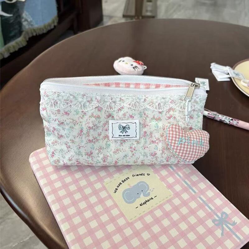 ピンクの花柄鉛筆バッグインかわいいガーリーハート文具バッグ大容量学生鉛筆バッグ高価値収納袋|undefined