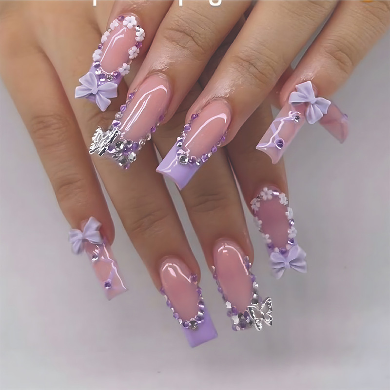 European and American Cross-Border Water Pipe Style Flower French Cross Bow Butterfly Glitter Detachable Fake Nails