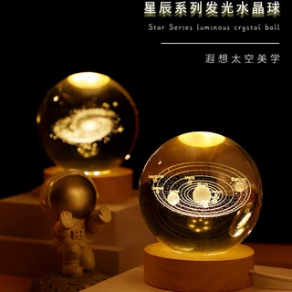 跨境可定制创意3d激光内雕星系水晶球发光小夜灯桌面摆件生日礼物