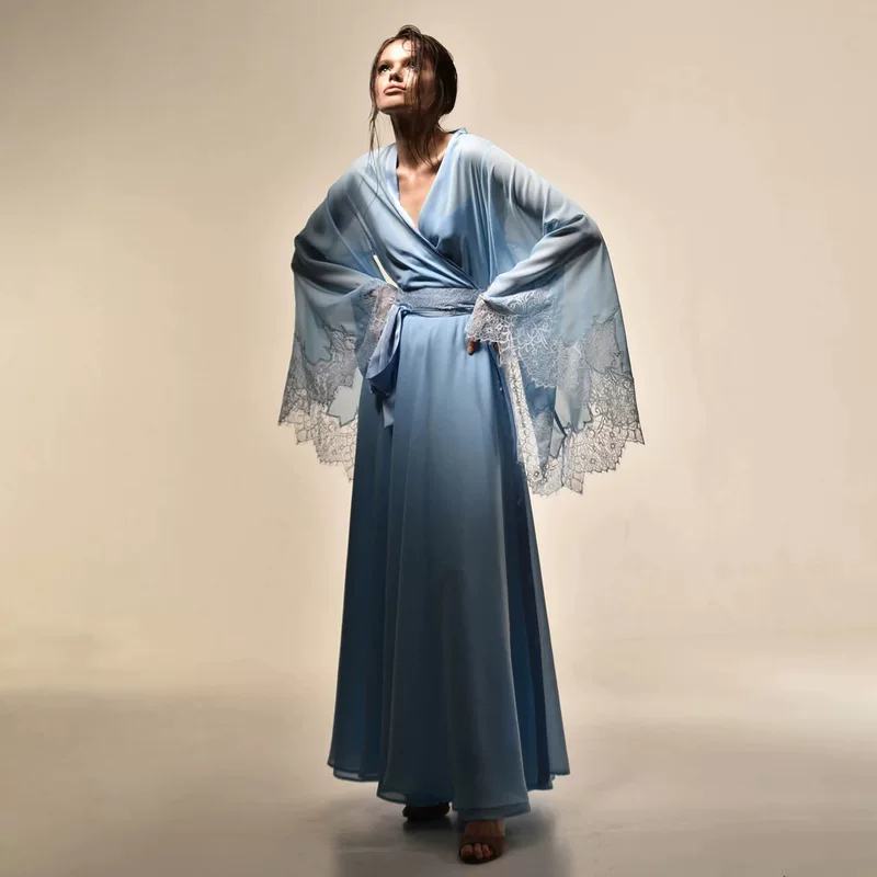 Long lace bathrobe, belt, silk elastic pijama for bride