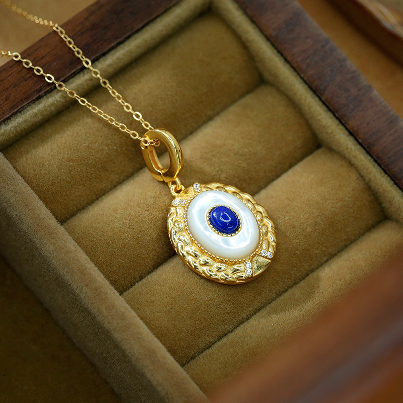 Inlaid with lapis lapis white fritillion egg noodle pendant s925 silver gold-plated necklace female court style retro high-grade design