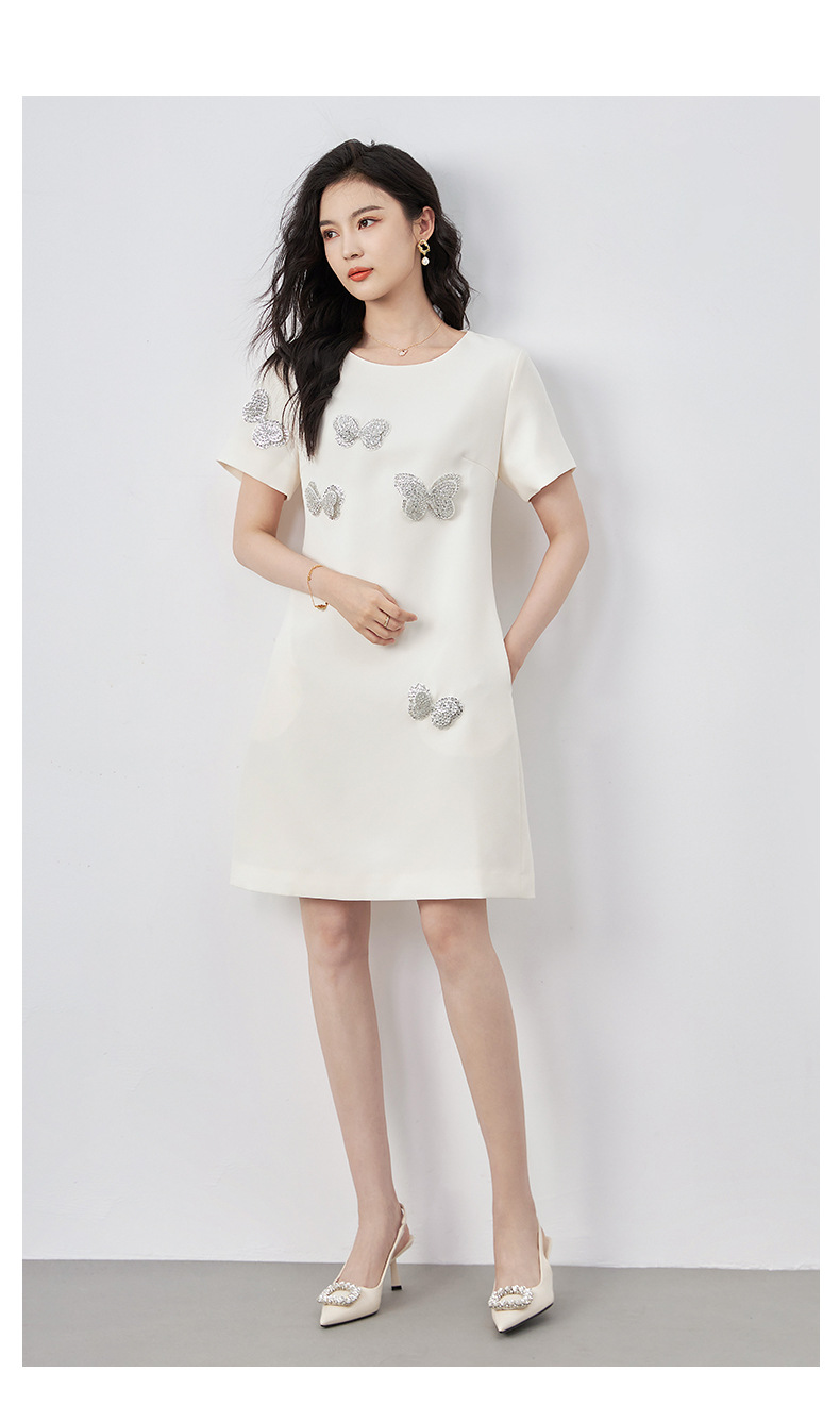 Đầm suông nữ midi tay ngắn cổ tròn, họa tiết hoa nổi sequin lấp lánh, phom suông che khuyết điểm — Màu đen chi tiết 16